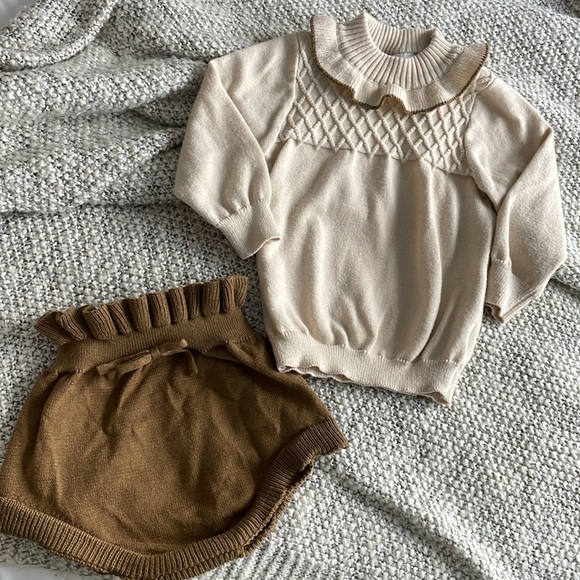 Sweat knit set with ruffle details - cream and brown - 6-9M - Picture 2 of 5
